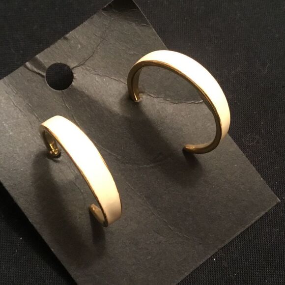 Goldtone and Cream Enamel  3/4 Hoop Earrings - Picture 3 of 4